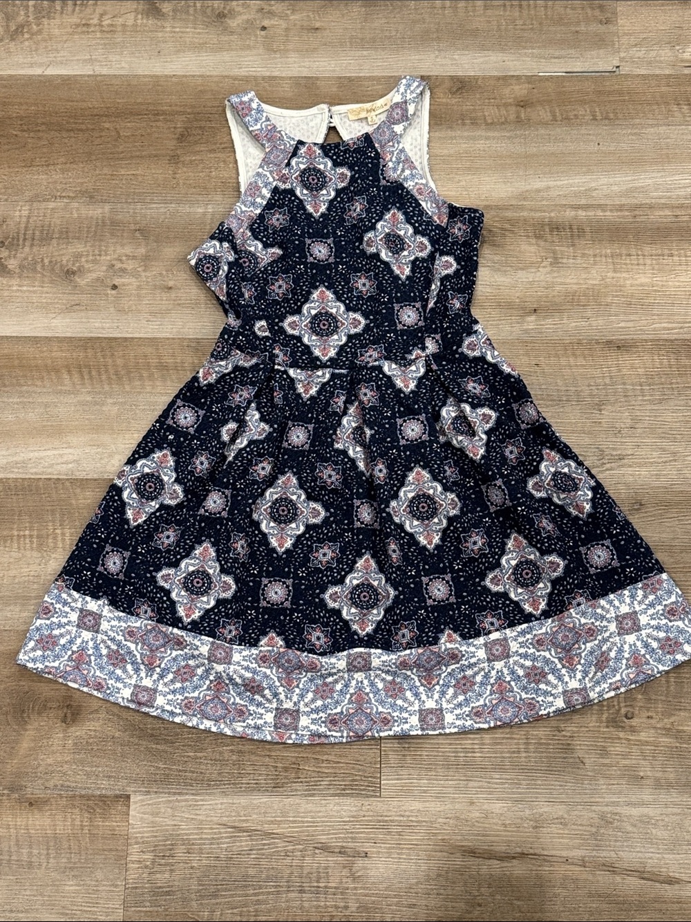 Rewind Blue Medallion Boho Print Sleeveless Fit & Flare Textured Halter Dress